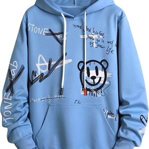 Light Blue Cartoon Letter Graphic Hoodie